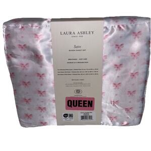 Laura Ashley Satin Queen Pink Bow Ribbon 4 Pc Deep Pocket Sheet Set NEW